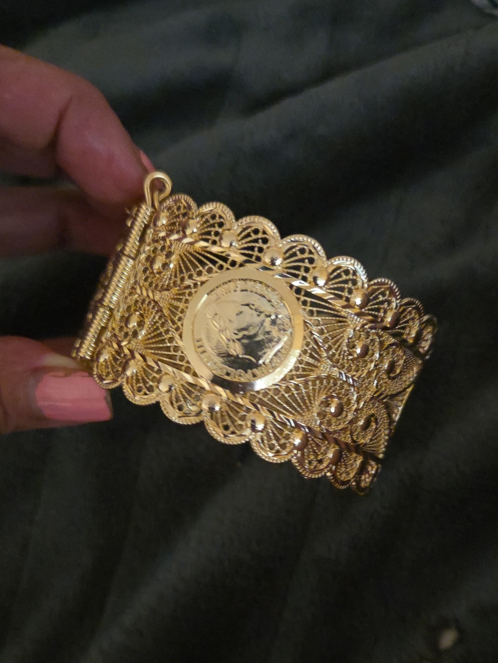 14k gold plated Filigree Coin Cuff Bracelet - Women Jewelry